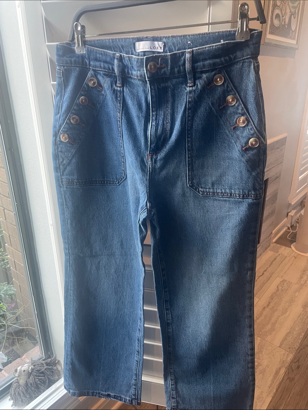 LOFT Dark Blue Straight-Leg Jeans with Button-Accent Pockets
